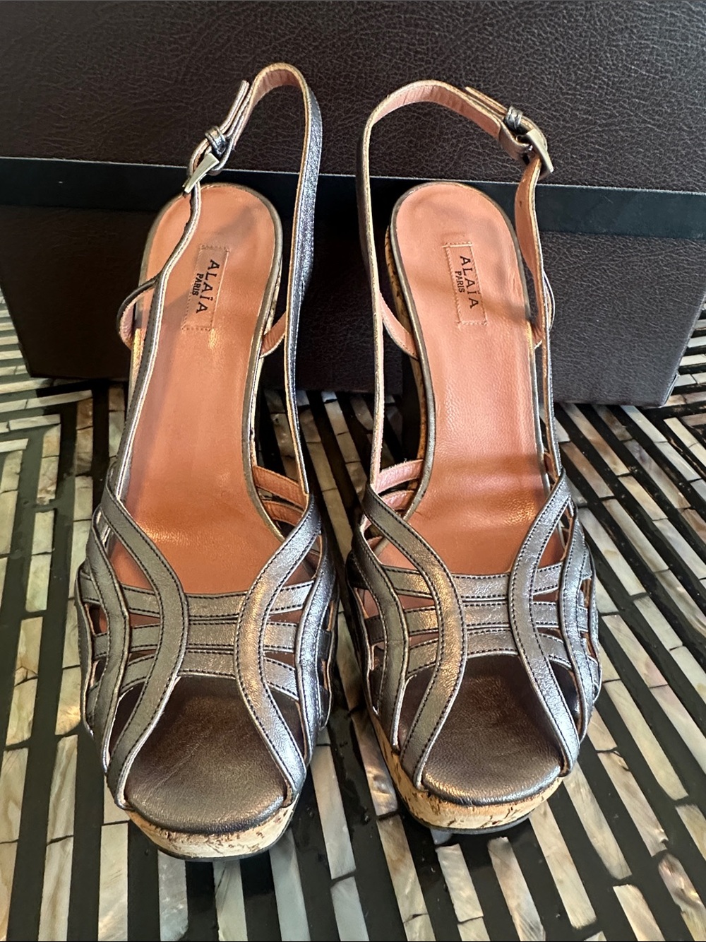 Alala Metallic Pewter Defend Peep-Toe Sling Wedge Sandals 👠👠